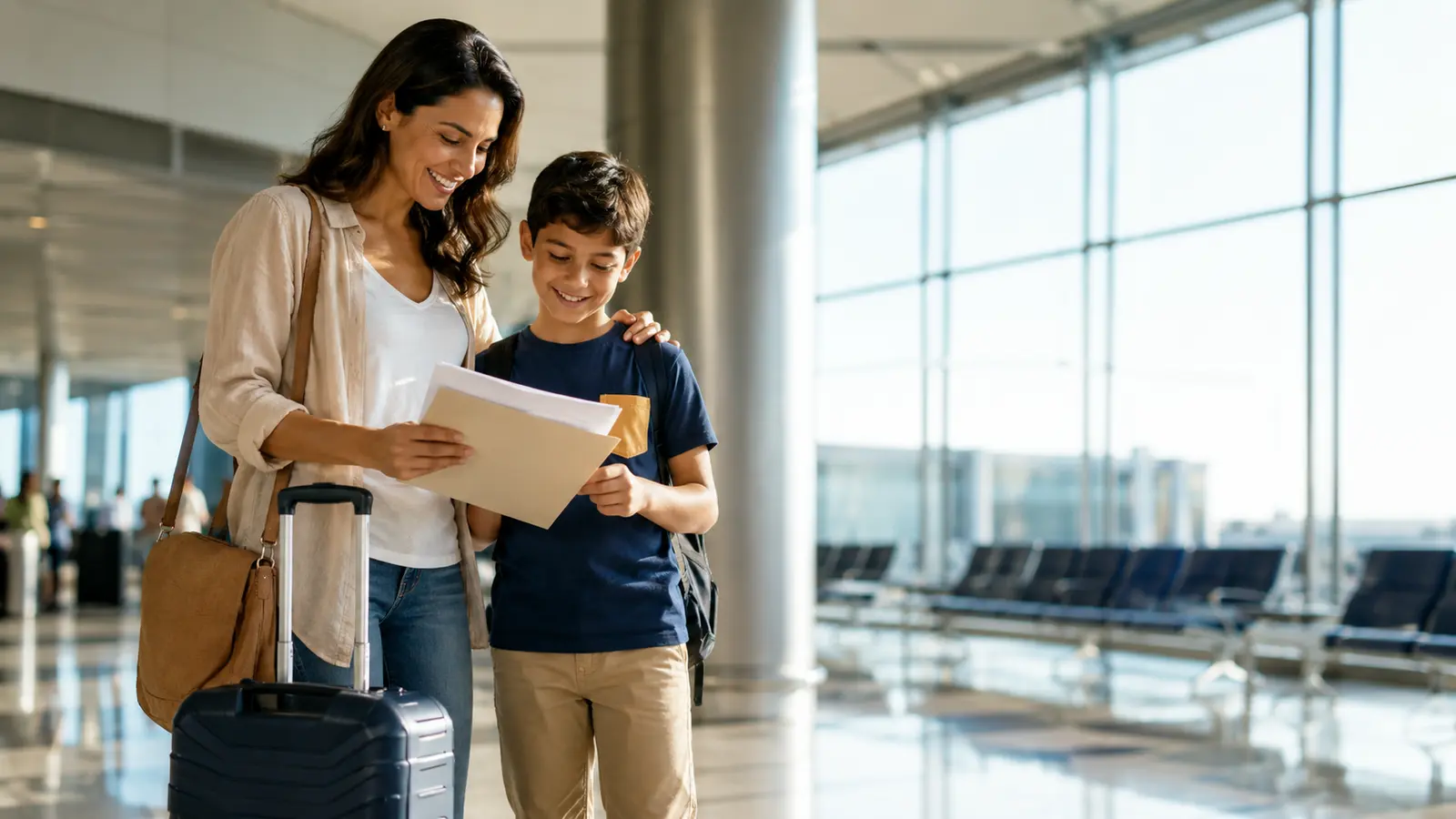 Mãe e filho conferem uma pasta de documentos ao lado de uma mala no aeroporto