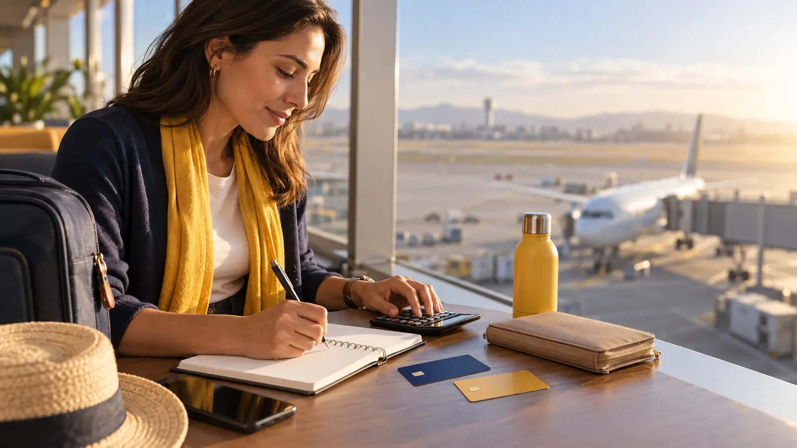 Viajante organiza cartões e orçamento de uma viagem internacional sobre uma mesa