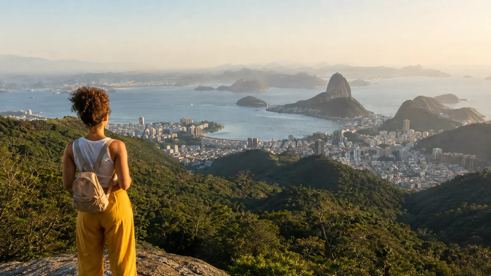 Viajante observa o Pão de Açúcar e a Baía de Guanabara a partir de um mirante cercado pela Mata Atlântica