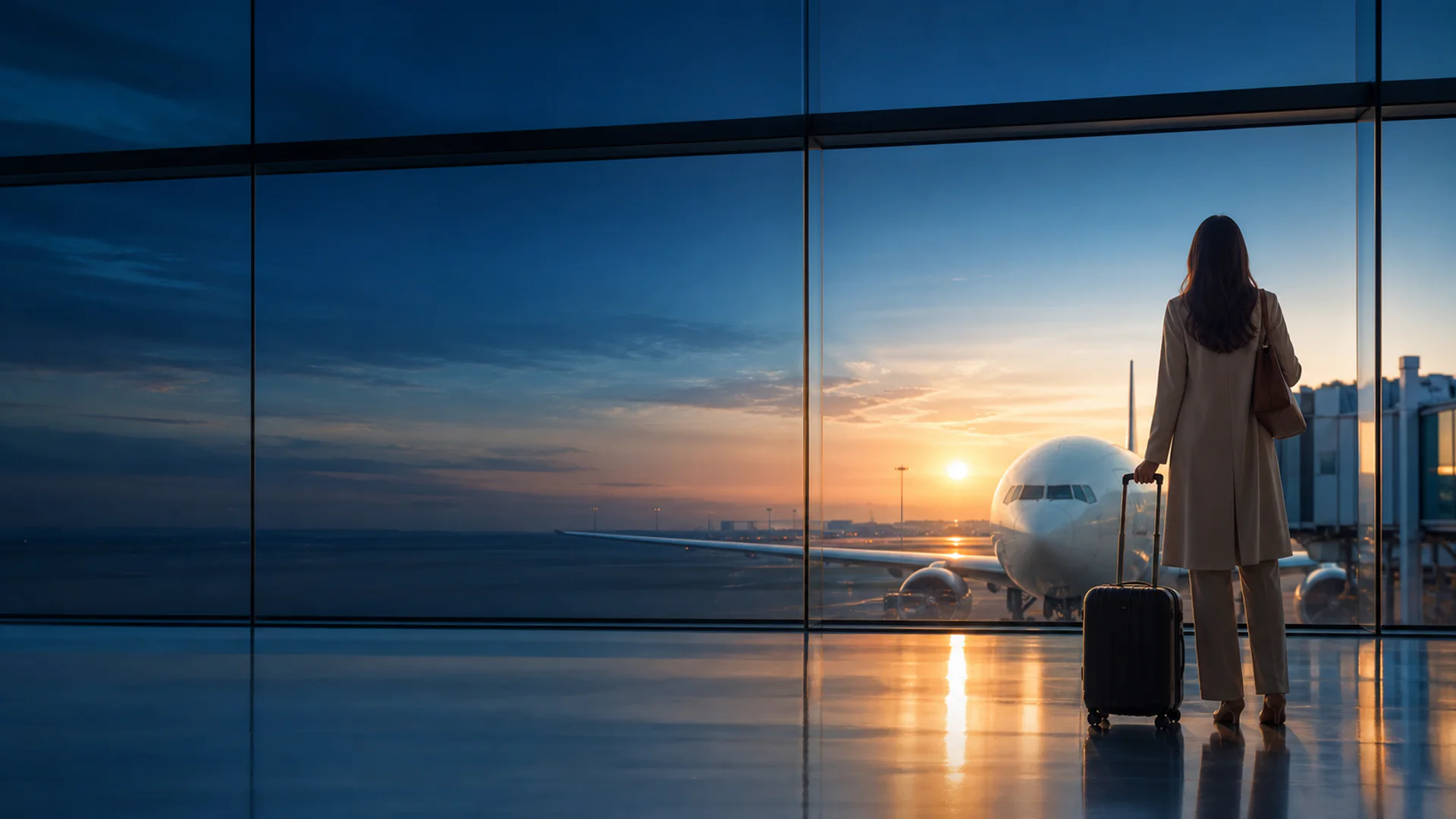Viajante diante de um avião em um aeroporto ao amanhecer