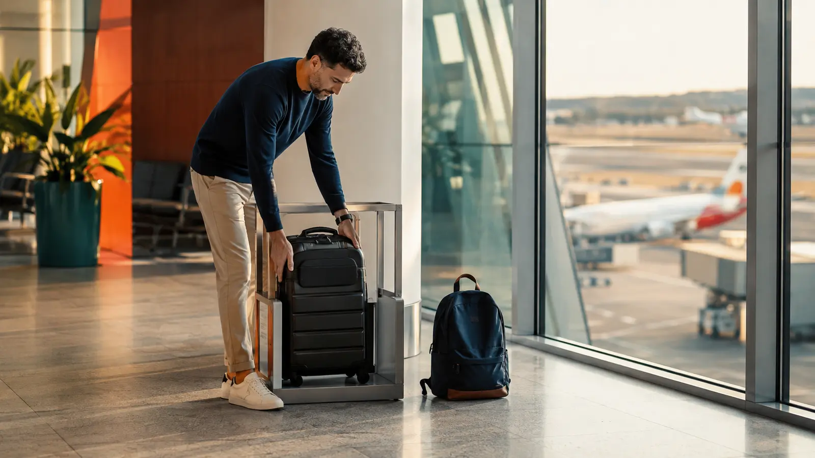 Viajante acomoda mala compacta em medidor de bagagem diante das janelas de um aeroporto