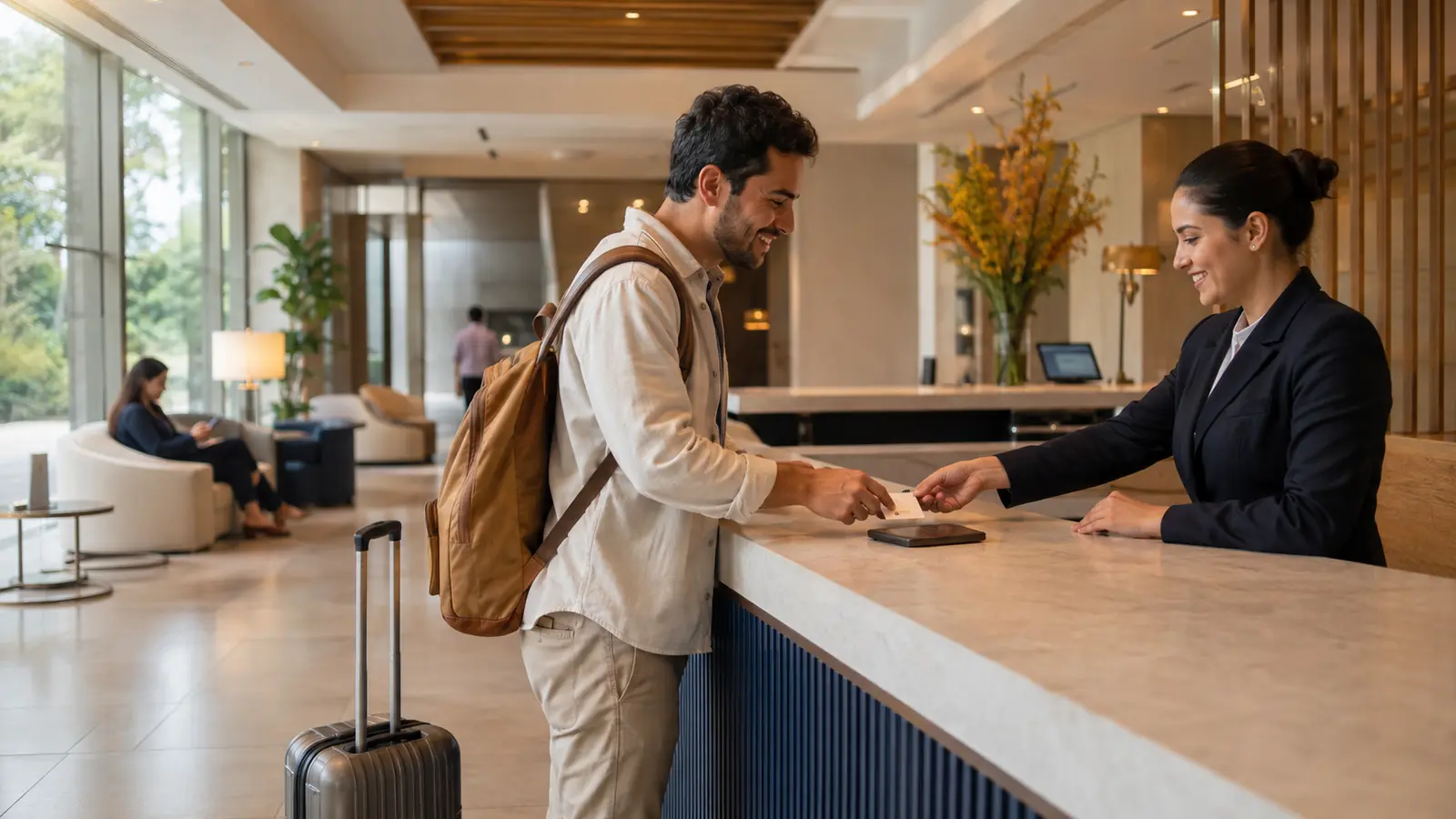 Viajante com mala recebe atendimento no balcão de um hotel