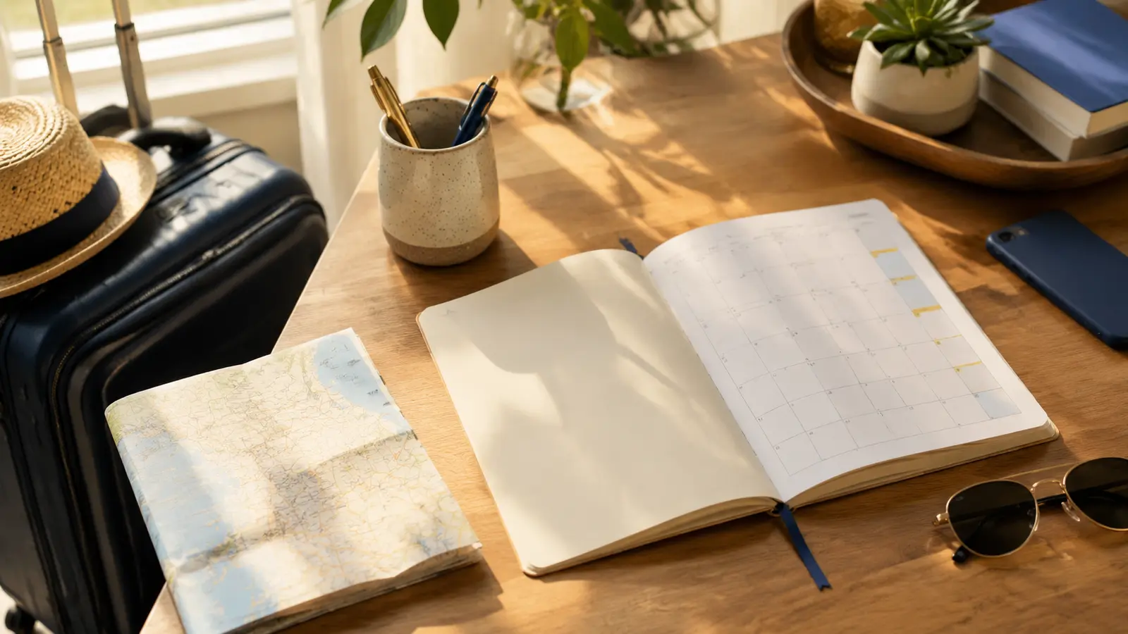 Mesa iluminada com calendário, mala, mapa e acessórios para planejar viagens