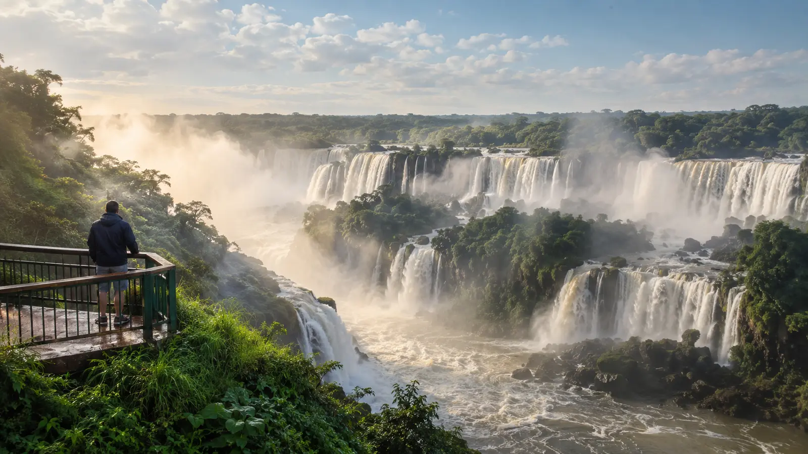 Viajante observa as quedas d'água de Foz do Iguaçu cercadas pela Mata Atlântica