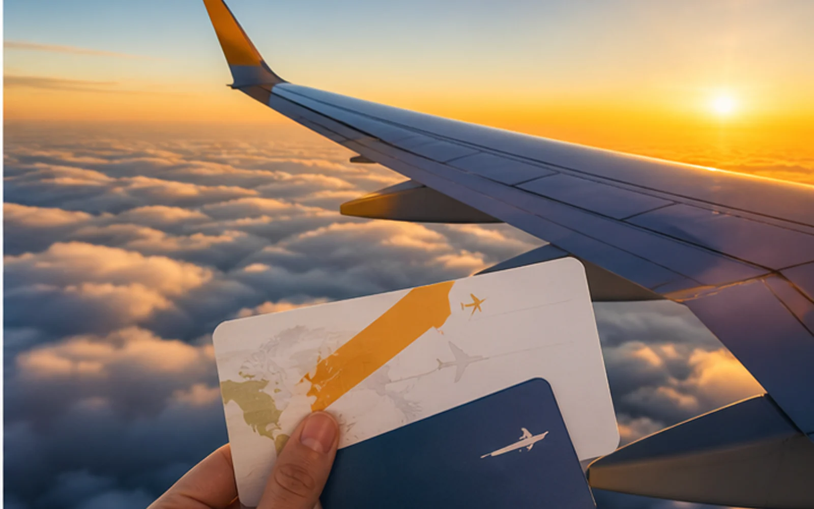 Asa de avião acima das nuvens com cartão de embarque e cartão de pontos