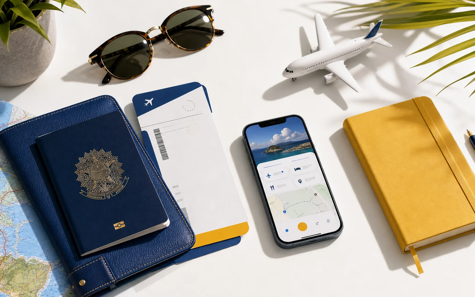 Mesa organizada com passaporte, passagem, celular e itens para planejar uma viagem