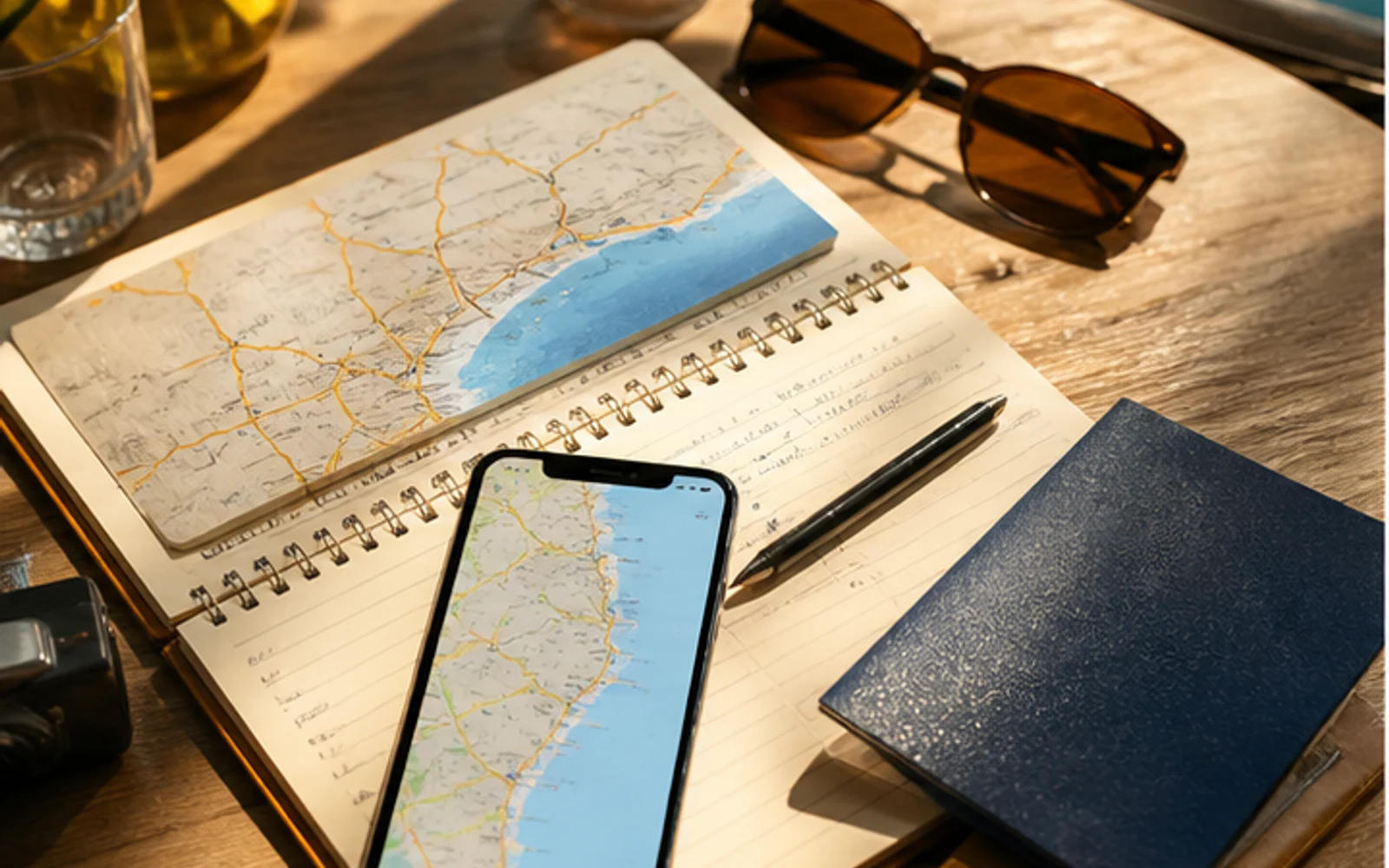 Mesa com mapa, caderno e celular durante o planejamento de uma viagem
