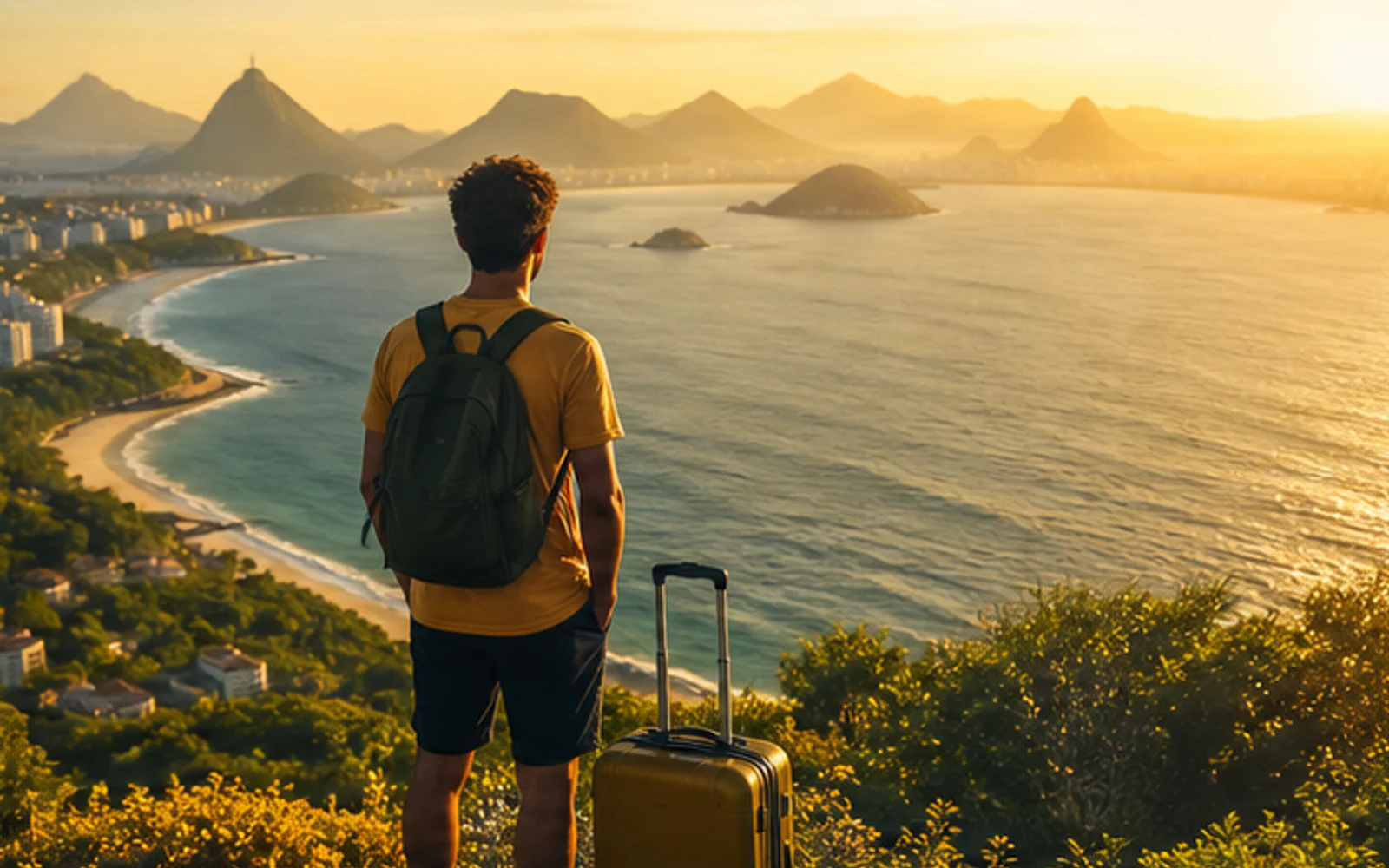 Viajante observando uma paisagem costeira brasileira ao pôr do sol