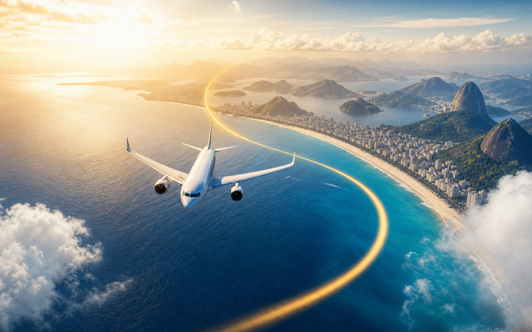 Avião sobrevoando o litoral do Rio de Janeiro ao amanhecer
